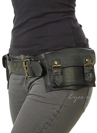 Mens Boys Vintage Leather Messenger Belt Sling Leather Utility Pouch Fanny Pack Messenger Waist Belt Gift for Men & Women (Black)