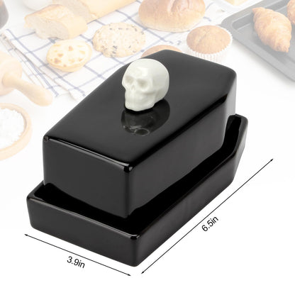 Kcgani 1 Pcs Ceramic Butter Dish with Lid Set, Black Gothic Skull Shape Butter Container Holds for Countertop, Ceramic Gothic Kitchen Utensils Butter Keeper for Table Decor Festivities Party Supplies