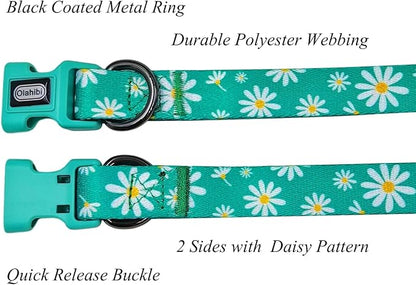 Dog Collar Leash Set, Floral Pattern, Polyester Material, Adjustable Collar and 5ft Matching Leash, for Large Dogs.(L, Green Daisy)