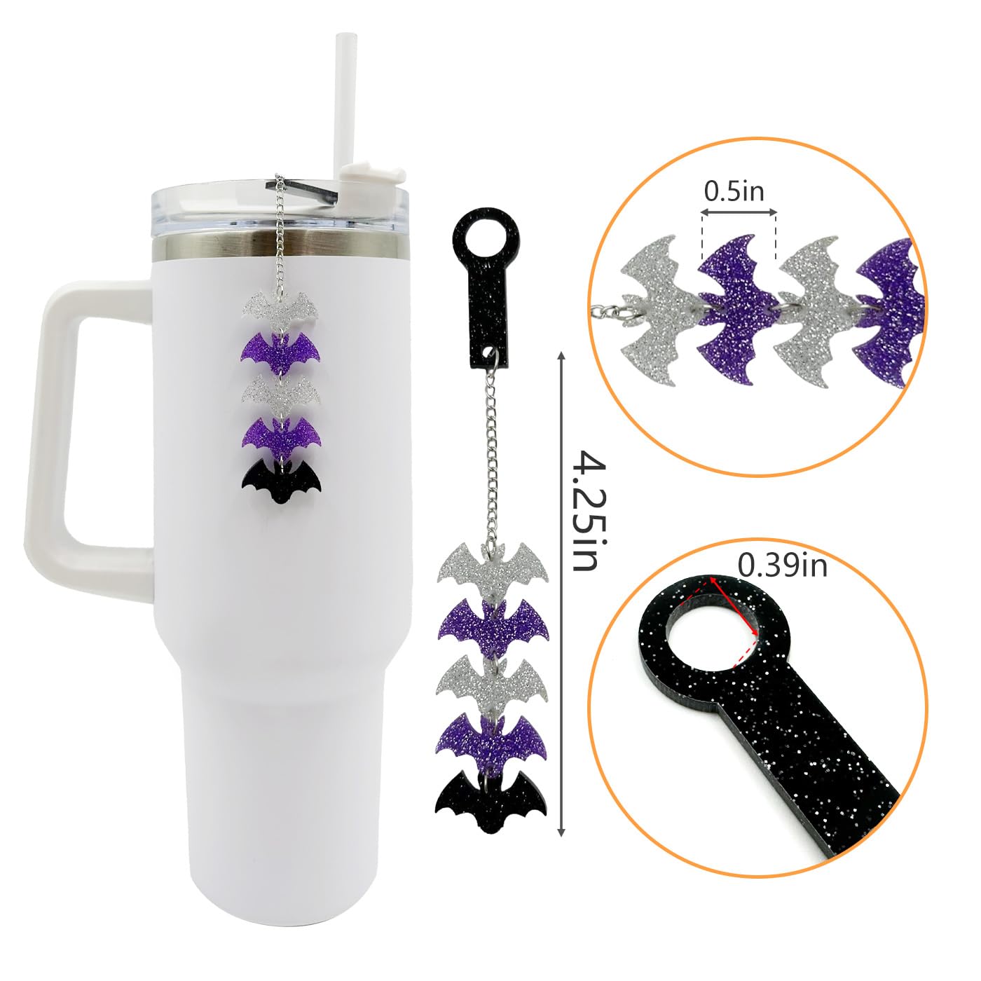Purple Tumbler Ornament – Glitter Bat Cup Chain for Stanley 30oz 40oz, Gothic Straw Decoration, Cute Water Bottle Accessories for Iced Coffee Cups