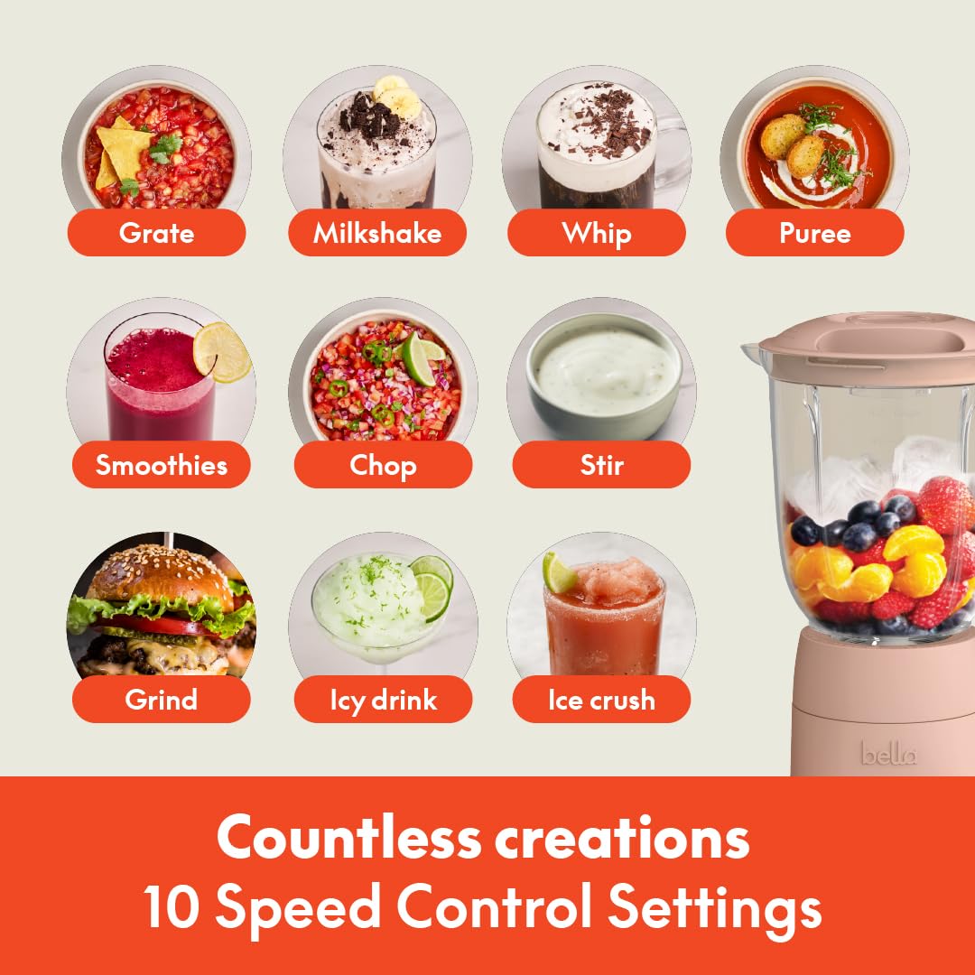 bella 10 Speed Countertop Blender, Juicer & Smoothie Maker, Fits-anywhere™ Kitchenware, Slim Flip & Store Design, Dishwasher Safe 48oz Capacity Pitcher & Lid, Stainless Steel Blade, 450 Watt, Oatmilk