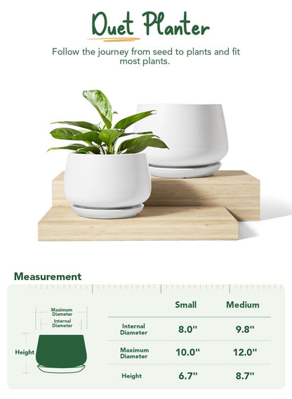 LE TAUCI Ceramic Plant Pots, Set of 2, 10 + 12 Inch Plant Pot, Elegant Planters for Indoor Plants, Sturdy Planter with Drainage Hole and Saucers, Perfect for Home Decor, White
