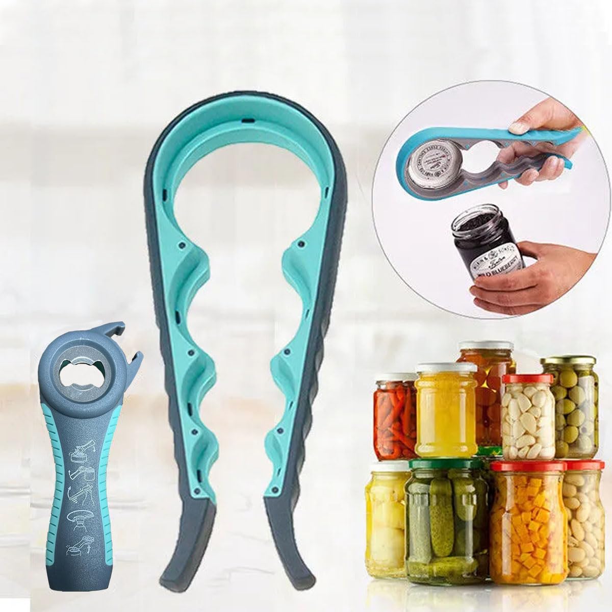 Jar Opener for Seniors with Arthritis,Jar Opener for Weak Hands,5-in-1 Bottle Opener,4-in-1 Can Opener… (Blue)
