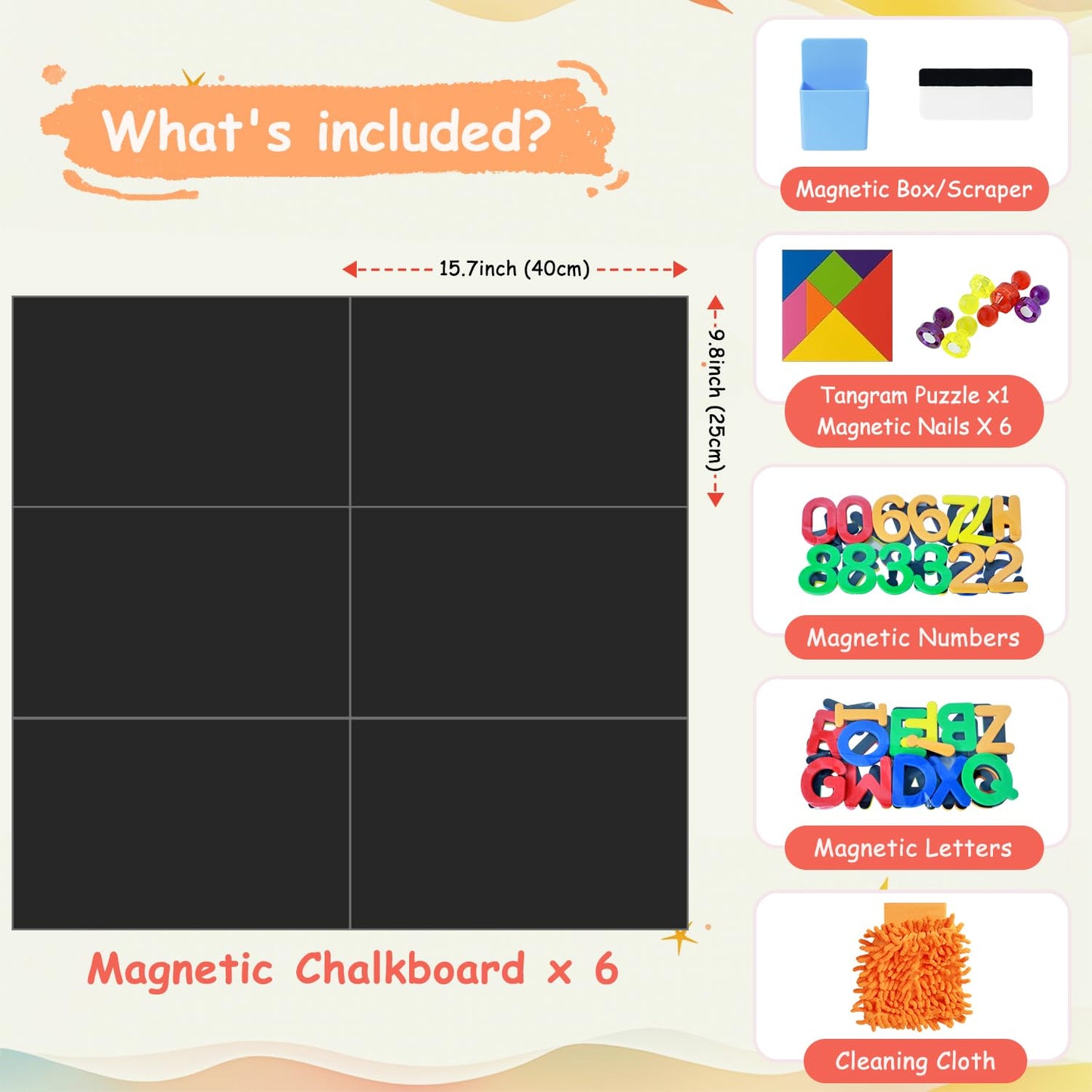 OMKSIH Magnetic Chalkboard Wall Decal Black Set of 6 Peel and Stick Magnet Sheets with Tangram Puzzle and Multiple Accessories Magnetic Chalkboard for Home Playroom and Classroom