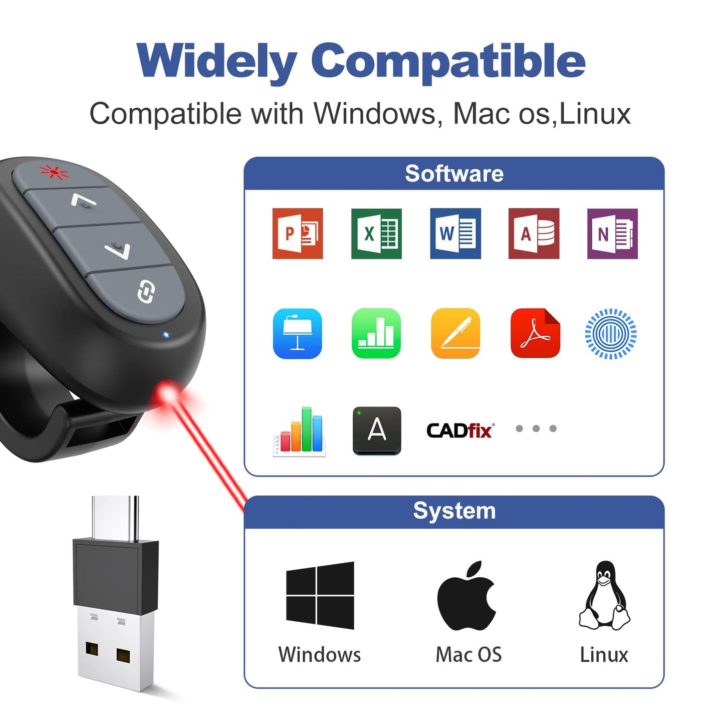 Presentation Clicker PowerPoint Wireless Presenter Remote: USB C Laser Pointer Computer Clickers, Hyperlink Finger Ring Project Power Point PPT Clicker for Mac Laptop Office, Google Slide Advancer