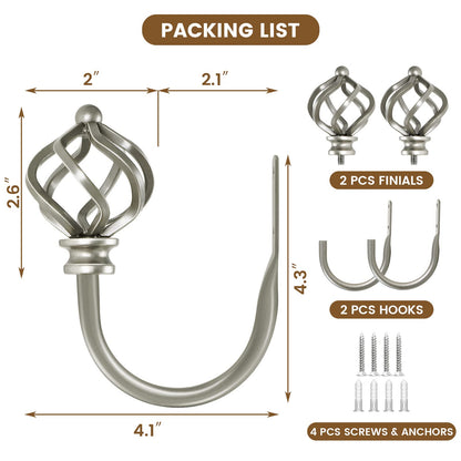 KAMANINA Decorative Curtain Drapery Holdbacks for Wall, Antique Silver Curtain Tiebacks Holders with Screws Wall Mounted for Drapes Window Home Decoration, Twisted Cage Finials, 1 Pair/2 Pack, Small