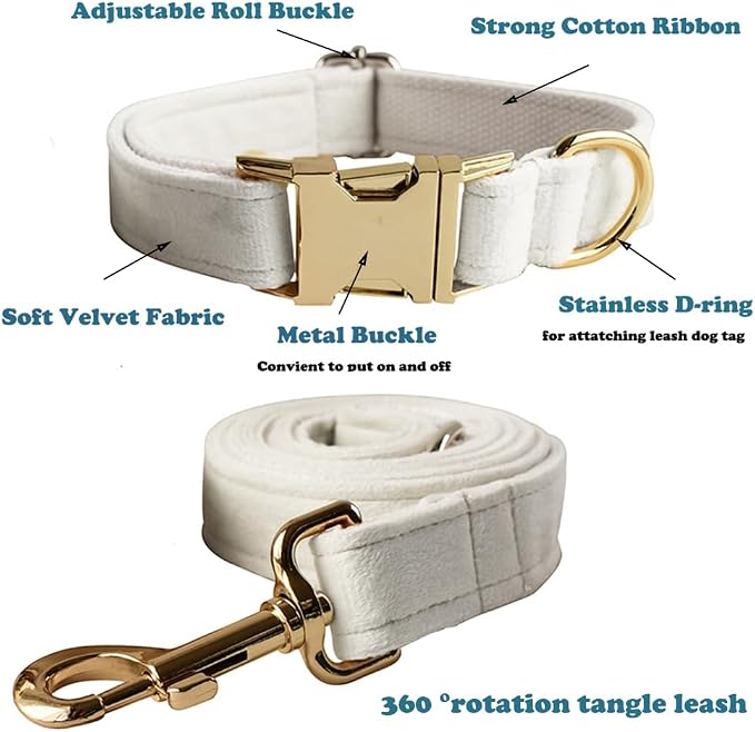 Love Dream Velvet Dog Collar and Leash Set, Soft & Comfy Adjustable Dog Leash and Collar with Heavy Duty Metal Buckle for Small Medium Large Dogs Training & Walking (Medium, White)
