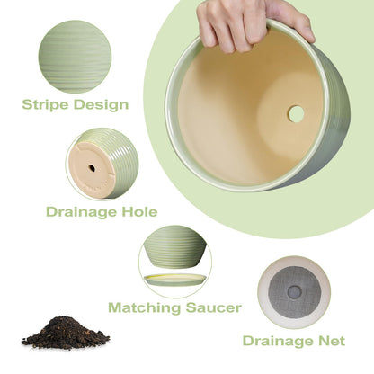 EPFamily Ceramic Pots for Plants - Modern Round 8 Inch Planter with Drainage Hole and Plant Saucer for Flower Indoor Outdoor, Home Decor, House Warming Gifts, Green