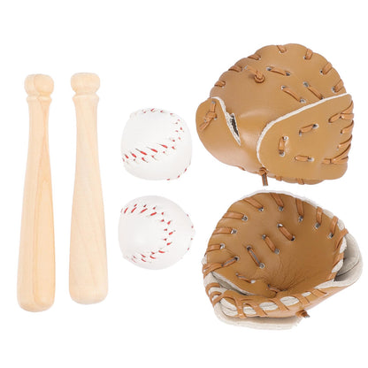 SHINEOFI 2 Sets Miniature Baseball Bats Gloves Kit Baseball Cake Topper Decoration Mini Sports Wooden Bat Leather Glove and Ball Set for Dollhouse Micro-Landscape Crafts Project Accessories, Khaki