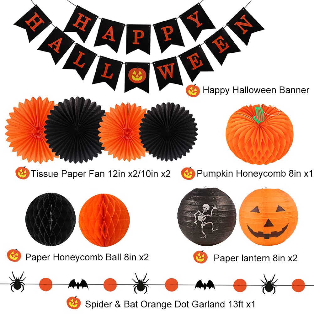 Halloween Party Decorations, Happy Halloween Banner Hanging Skeleton Jack-O'-Lantern Pumpkin Honeycomb for Birthday Party Home Decor Party Supplies Props (Orange, Black)