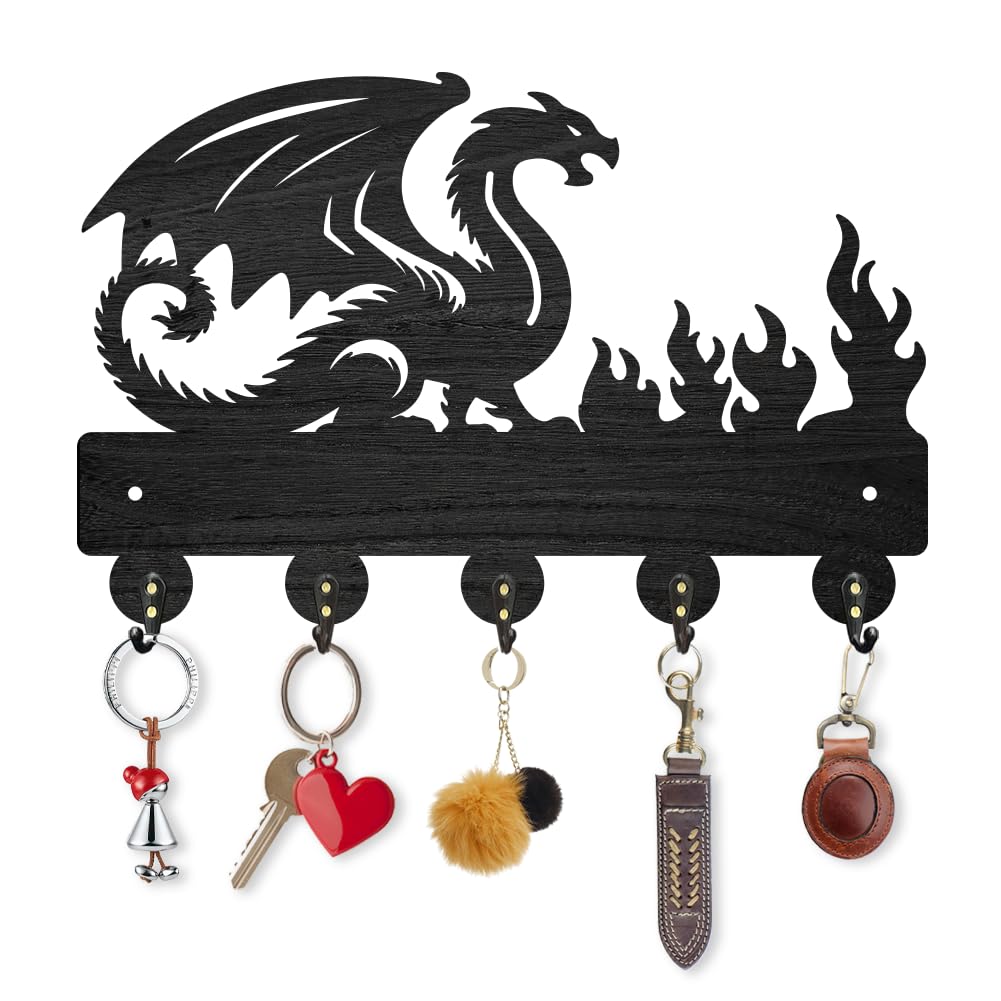 INFUNLY Dragon Black Wooden Key Holder for Halloween 7.9"×11.8" Flame Key Holder Wall Mount Dragon Key Holder Rack with 5 Hooks Key Organizer Rack Hanger for Home Entryway Living Room Bags Umbrella