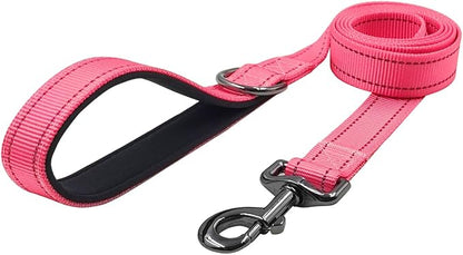 Dog Collar Leash Set, Durable Polyester with Safety Reflective Strips, 5 ft Matching Leash, Neoprene Padded Handle, Adjustable 4 Sizes for Small Medium Large Dogs.(M, Pink)