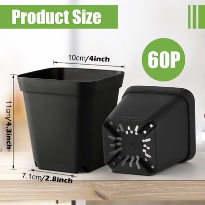 RooTrimmer Square Nursery pots 4 Inches 60Pcs, Seedling Plastic Seeds propogation Growing Pots (Black,4Inches,60Pcs)