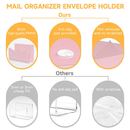 Rulyyo Mail Organizer Envelope Holder - 2 Compartments Pink Acrylic Mail Holder Countertop Vertical Desk Organizer Small File Bill Document Notebook Letter Sorter for Home School Office Supplies