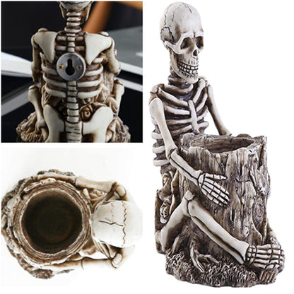 RUITASA Skull Pen Holder & Makeup Brush Holder - White, Desktop Small Skull Design for Halloween Home Office Desk Storage & Decoration