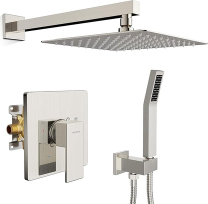 SR SUN RISE Shower Faucet Set & System - 10 Inch Rainfall Shower Head & Handle Set Wall Mounted Brushed Nickel Solid Brass Valve Trim Kit Included