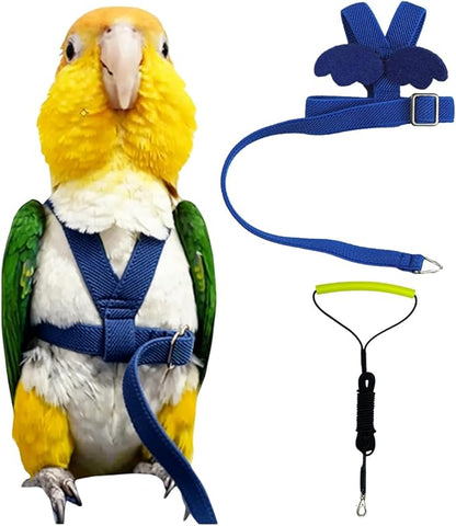Adjustable Bird Harness with Elastic Leash, Pet Parrot Harness and Leash, Adjustable Training Design Anti-Bite, Bird Nylon Rope with Cute Wing for Conure (Deep Blue,XL)