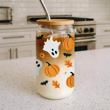 Halloween Ghost Pumpkin Glass Cup with Straws and Lids Gifts for Women,Friends,Happy Halloween Coffee Mug Trick Or Treat Iced Coffee Cup Glass Tumbler 16oz,Spooky Gifts for Boo Basket Stuffers