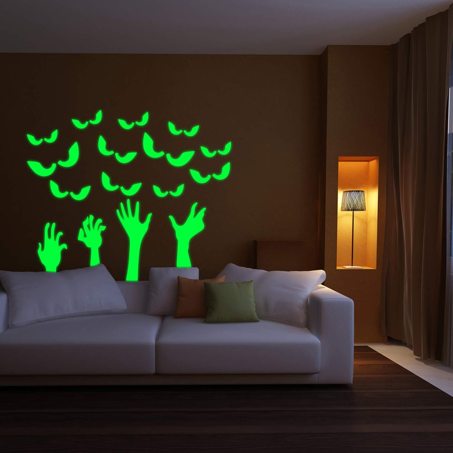 Halloween Glow in The Dark Wall Stickers Set 4 Pieces Ghost Hands Shape Luminous Stickers and 18 Pairs Peeping Eyes Fluorescent Wall Stickers Spooky Window Clings Stickers for Halloween Party Favor