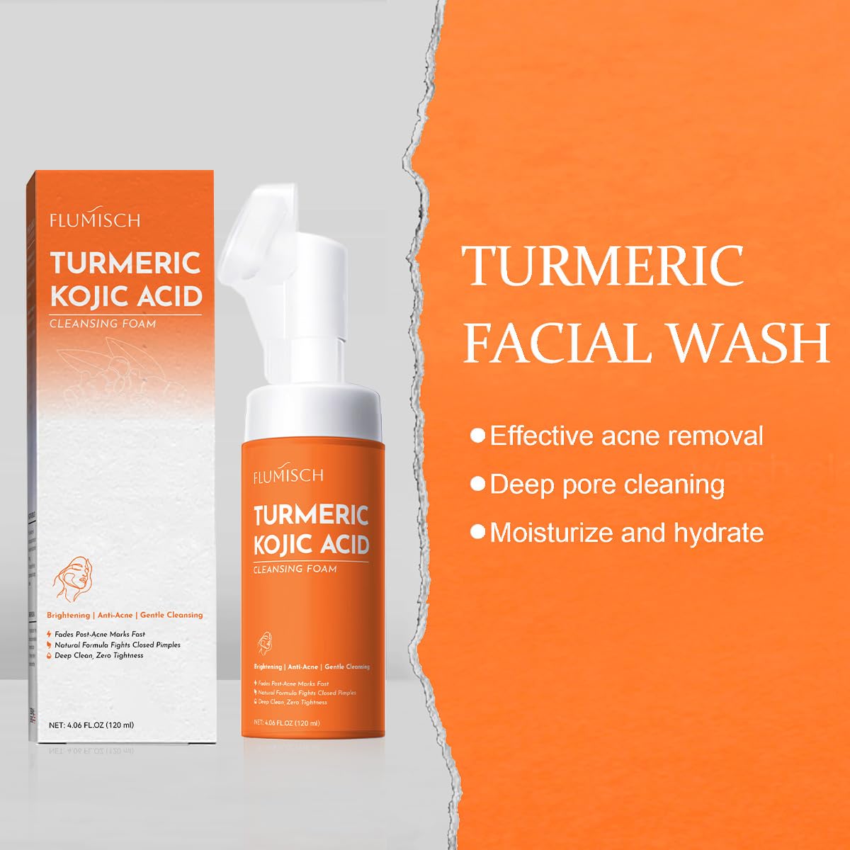 Turmeric Kojic Acid Facial Cleanser, Brightening Foaming Face Wash with Soft Massage Heads, Kojic Acid Cleanser Exfoliating, Turmeric Cleansing for Dark Spots 4.23 oz