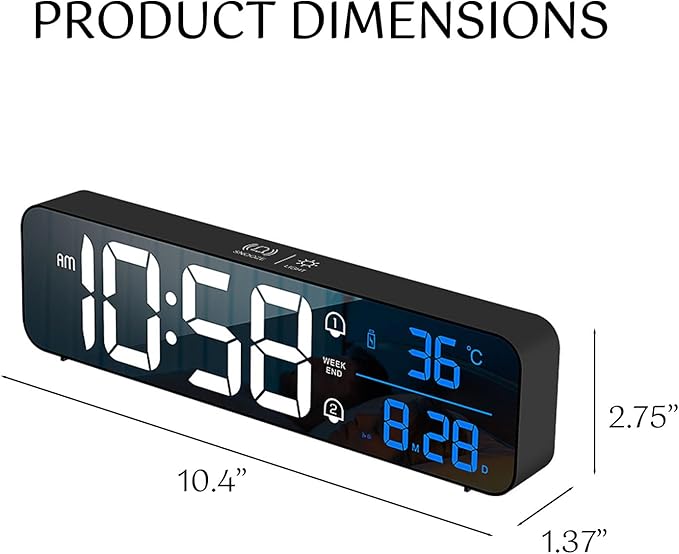 Digital Clock, Large Display LED Alarm Clock for Living Room Bedroom Office, Rechargeable Wall Clock, Sound-Activated, Snooze, Date & Temp Display, 40 Tones, 2 Alarms, 4 Volume, 5 Brightness Dimmer