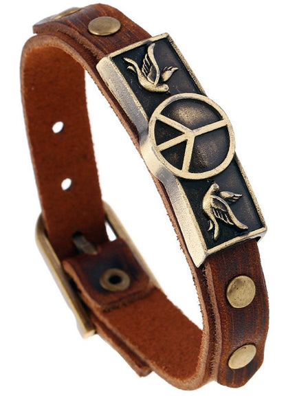Hamoery Men Punk Leather Buckle World Peace Alloy Cuff Bracelet Bangle Wristband(Peace)
