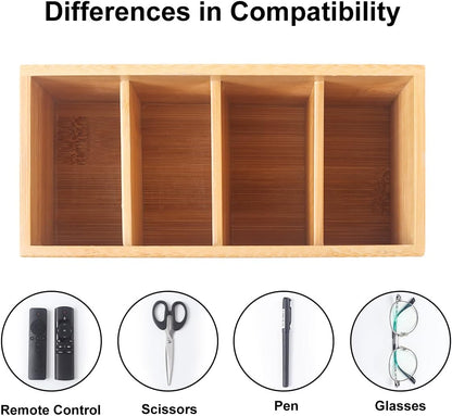 Bamboo Wood Pens Pencils Holder Cup for Desk Remote Control Holder, Caddy,Organizer,Desktop Storage with 4 Compartments,Multiuse for Store TV Remotes,Game Console,Phones,Office Supplies (4 Grid)