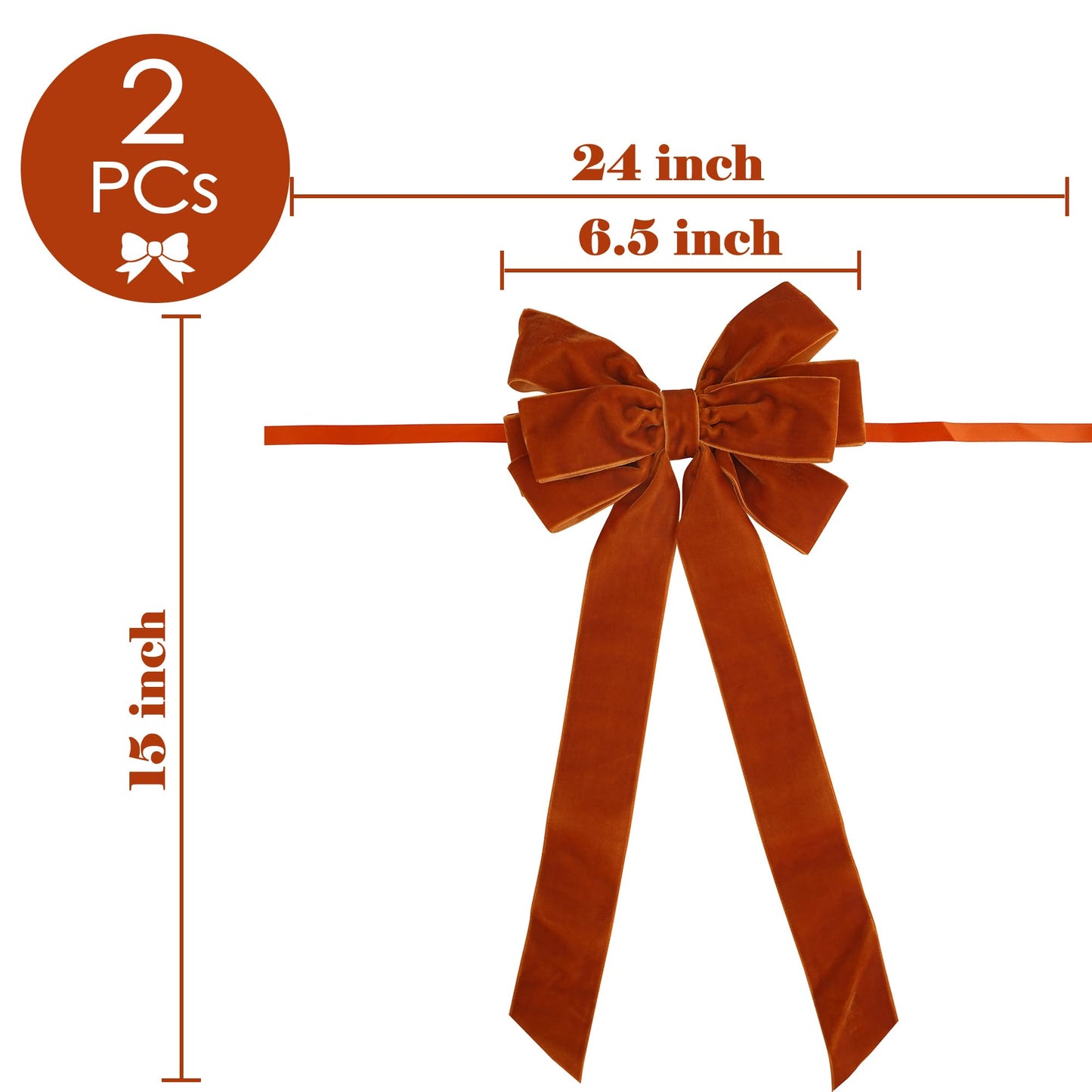 AIMUDI Orange Velvet Bows for Christmas Tree 6.5" x 15" Christmas Bows for Gift Wrapping, Holiday Crafts, Wreaths, Garlands, Staircase, Home Outdoor Winter Decorations, 2 PCs