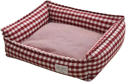 Orthopedic Rectangle Dog Bed for Medium Small Dogs, Plaid Plush Modern Puppy Sofa Bed with Anti-Slip Bottom, Cute Calming Pet Bed(Red,Medium)