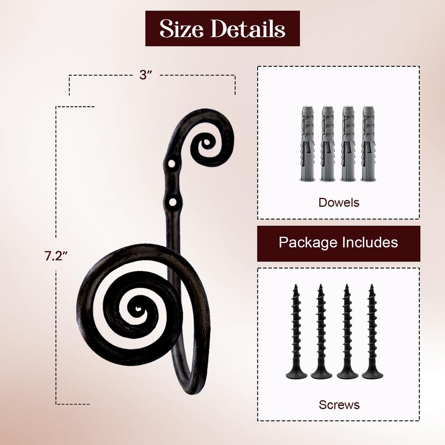 THDC Sturdy Wrought Iron Wall Mounted Curtain Holdbacks (Pack of 2) - Curtain Holders for Living Room, Bedroom, Kitchen, Office (Swirl Black)