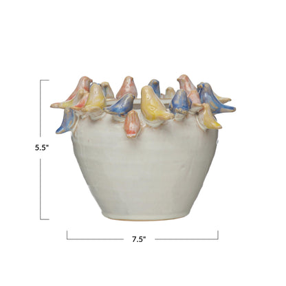 Creative Co-Op Stoneware Planter with Birds on Rim, Reactive Glaze