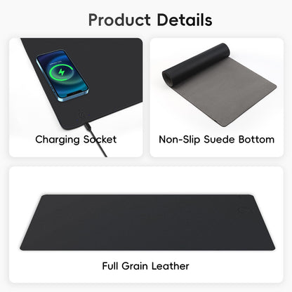 Mouse Pad with Wireless Charging, PU Leather Fast Charging Gaming Mouse Pad, Waterproof Anti-Slip Surface, Easy Clean Office Table Mat, 32L x 16W x 0.15H inches, Black(Right Side Charging Port)
