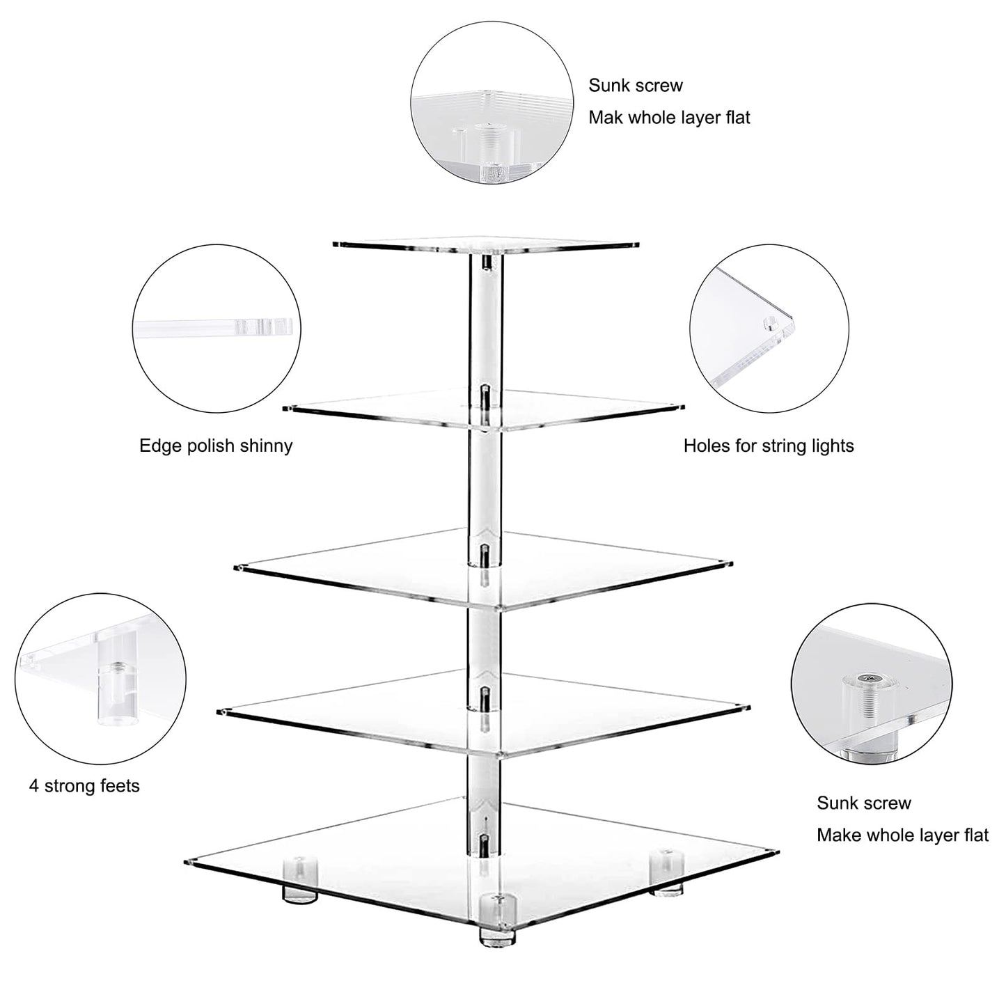 OLACHIKKO Cupcake Stand, 5-Tier Square Cupcake Holder with LED Light String, Acrylic Cupcake Tower Display-Dessert Tower-Pastry Stand-Cupcake Tier Stand for Wedding, Birthday Party (Colorful Light)…