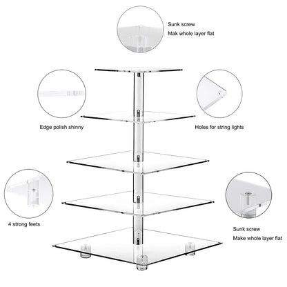 OLACHIKKO Cupcake Stand, 5-Tier Square Cupcake Holder with LED Light String, Acrylic Cupcake Tower Display-Dessert Tower-Pastry Stand-Cupcake Tier Stand for Wedding, Birthday Party (Colorful Light)…