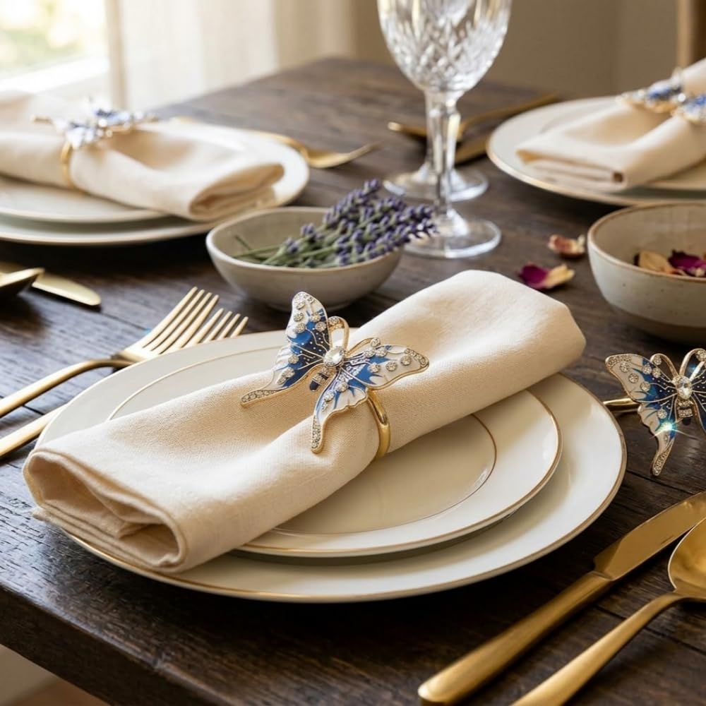 Butterfly Napkin Rings Set of 4, Fashion Simple Insect Series Rhinestone Butterfly Shape Napkin Rings for Easter, Christmas, Holiday Party Table Napkin Accessories Decoration