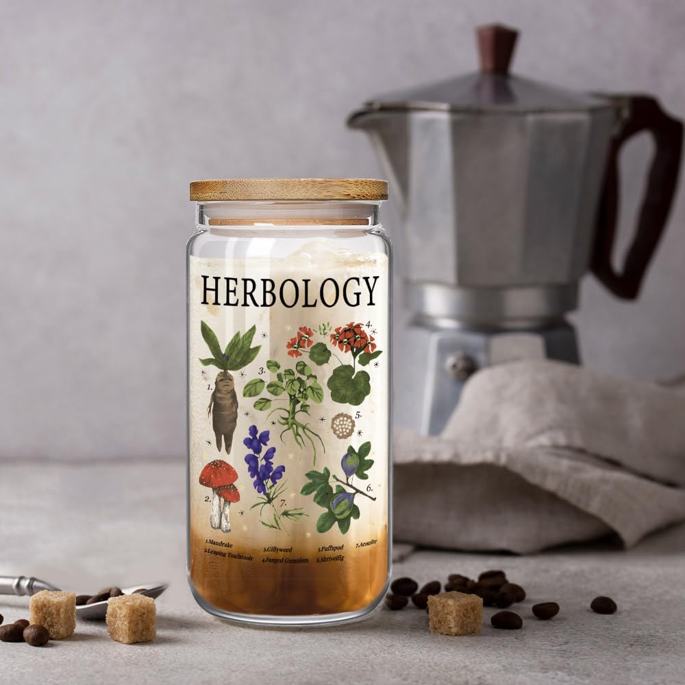 Enanaimg Herbology Witch Glass Cup Christmas Gift for Plant Lover 16 oz Glass Cup with Lids and Straws, Witch Gifts, Cute Magical Plants Botanical Iced Coffee Cups, Witchy Gift for Women, Friends