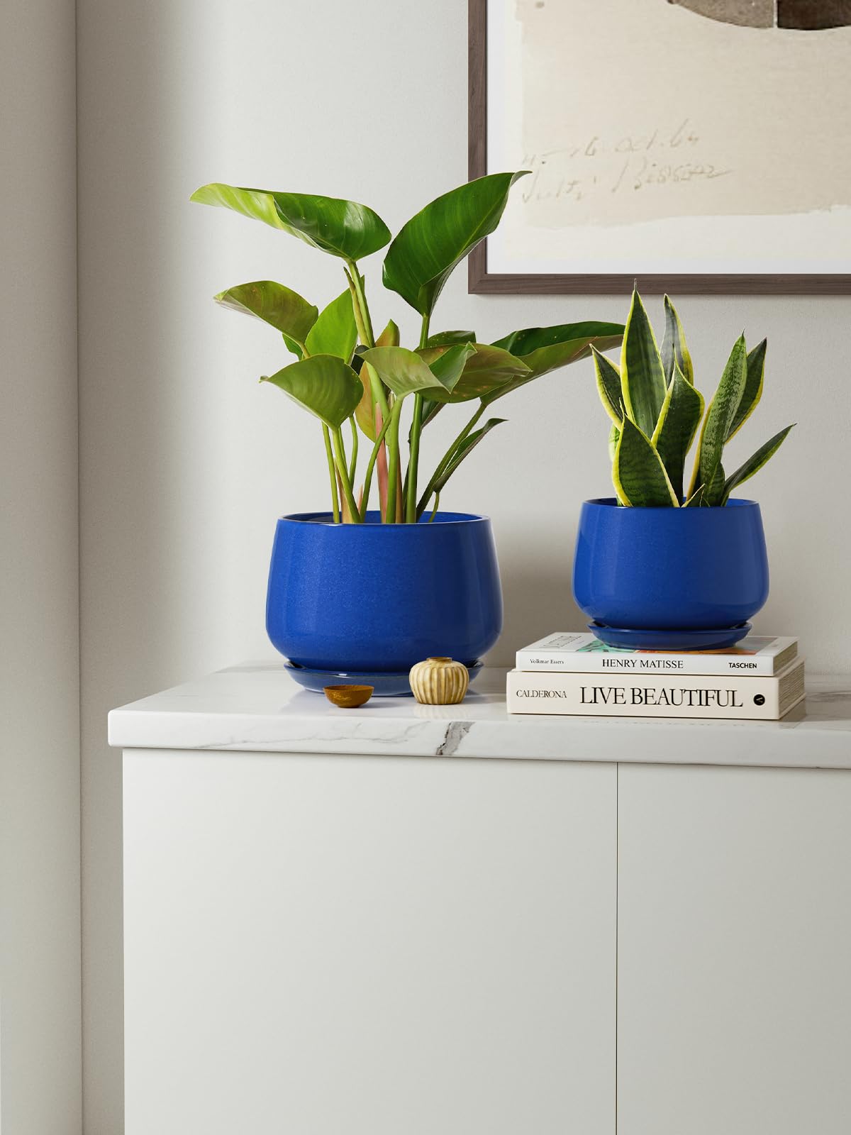 LE TAUCI Plant Pots, 4.1+5.1+6.5 inch, Set of 3, Ceramic Planters with Drainage Hole and Saucer, Indoor Flower Pot with Hole Mesh Pad, Gifts for Mom, Sapphire Blue