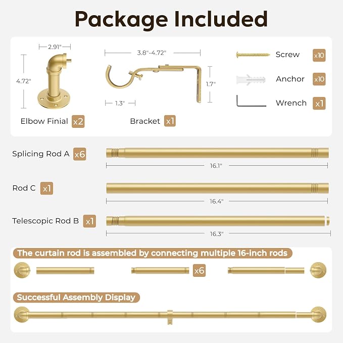 Zeerobee Curtain Rods for Windows 66 to 120, 1 Inch Industrial Wrap Around Gold Curtain Rod, Indoor/Outdoor Room Divider Adjustable Drapery Pole, 66"-120"