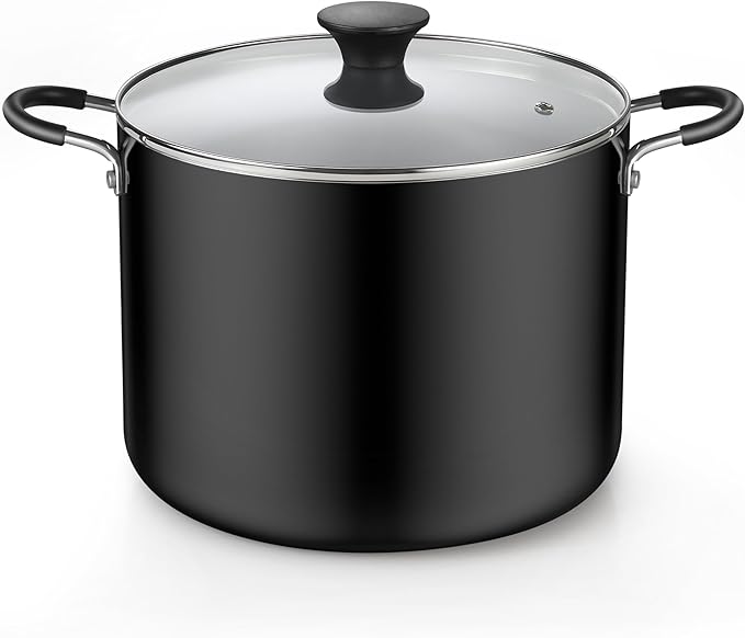 Cook N Home Professional 10.5 Quart Non stick Stock Pot with Lid, Riveted Handles, Big Soup Pot for Holiday Feasts, Stockpot with Even Heating, Induction Cookware, Oven & Dishwasher Safe, Black
