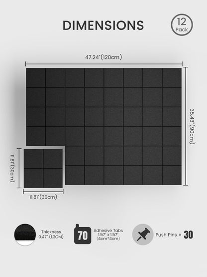 Bumusty Large Felt Bulletin Board, 48" x 36" Cork Board Alternative, 12-Pack Wall Tiles with 4-Compartment Design, 30 Push Pins, 70 Adhesive Tabs, Ideal for Office & Home Decor, Black