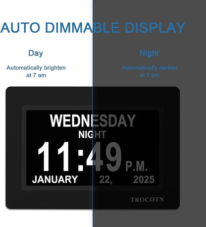 TROCOTN Dementia Clocks, Large Display Calendar Alarm Clock with Auto DST for Seniors, 5 Display Modes Large Font Digital Clock with Custom Alarms Day Date Clocks. (7 Inch Black)
