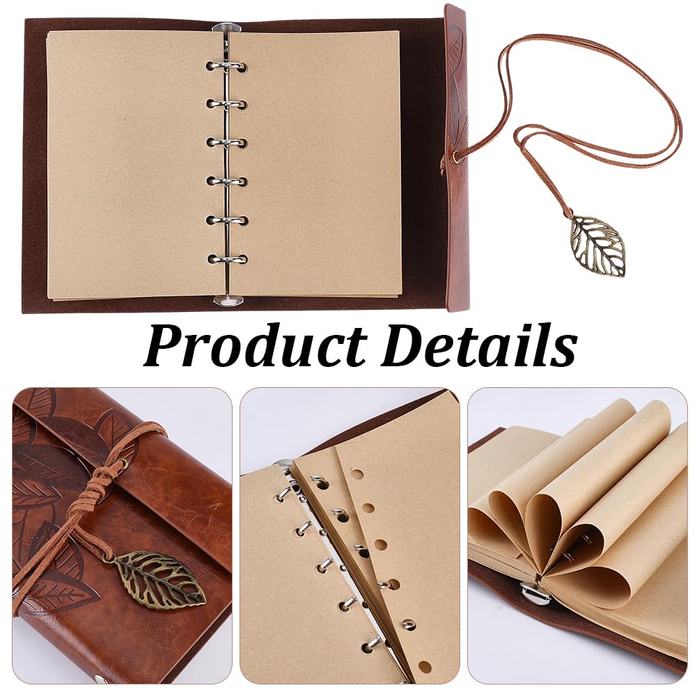 CALFOVERA A7 PU Leather Diary Vintage Writing Travel Business Work Notepad with Lined Pages Leaves Carving Leather Journal Notebook Binder Cover with Book Insert for Men Women(Brown)