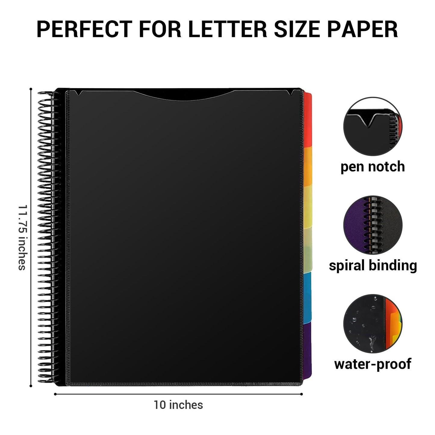 Mukawa 12 Pocket Poly Project Organizer, Spiral Project Folder Multi Pocket Folder Binder Letter Size, Back Cover Utility Pouch, 1/6 Cut Tabs, 6 Tab Color Dividers (Pack of 2)