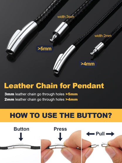 U7 Black Leather Cord Necklace with Stainless Steel Clasp, Men Women 2mm Wide Woven Wax Rope Chain for Pendant, Length 16 Inch