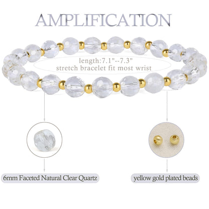 QOGIR Clear Quartz - Amplification - 14K Gold Plated Beads Natural Gemstone Stretch Elastic Dainty Healing Beaded Bracelets Gifts 6mm