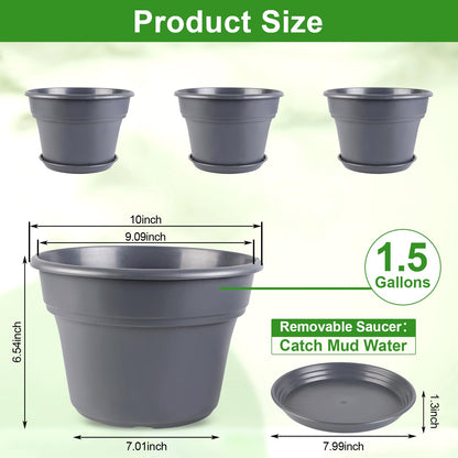 Myfeegoin 10-inch-Plant-Pots-Indoor-Outdoor, 4 Pack Plastic Planters with Drainage Holes & Saucers, Resin Flower Pots with Trays, Classic Garden Pot Container for House
