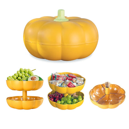FYUEROPA Big Pumpkin Snack Holder with Lid, Double Layer Serving Container with 3 Divided Compartments, Candy Fruit Nut Tray, Snack Bowl (Orange)