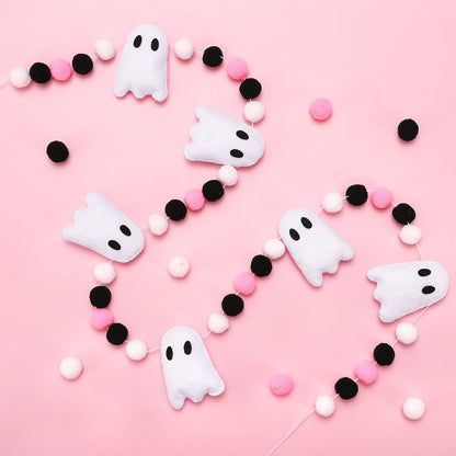 JarThenaAMCS Halloween Felt Banner White 3D Ghost Hanging Garland Black Pink White Pom Ball Banner for Trick or Treat Birthday Home Mantel Wall Window Party Supplies