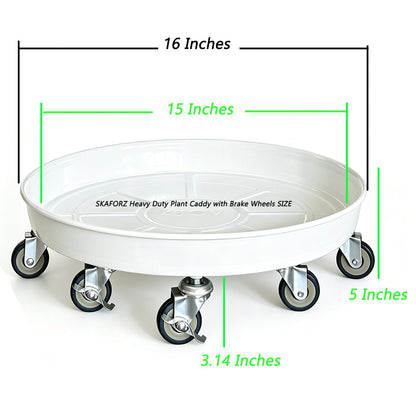 SKAFORZ Rolling Planter Caddy(430lbs Capacity), Heavy Duty Metal Plant Stand with Brake Wheels Plant Dolly Mover Plant Pot Tray Saucer for Indoor Outdoor 16 Inches White 2Pack