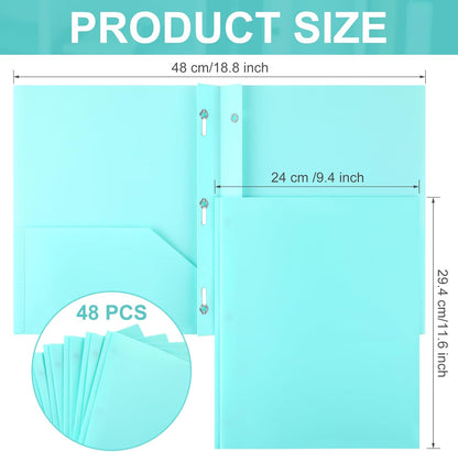 Patelai 48 Pcs Plastic Folders with 2 Pockets and 3 Prongs Home Folders with Card Slot Letter Size Heavy Duty Report Covers for Back to School(Mint Green,Classic)